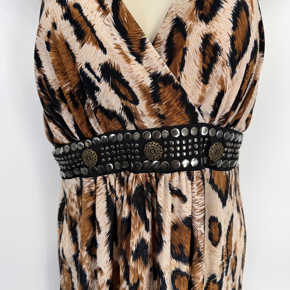 Y2K Shoreline Leopard Print Maxi Dress Embellished Womens L/XL Brown Mob Wife - Picture 5 of 15